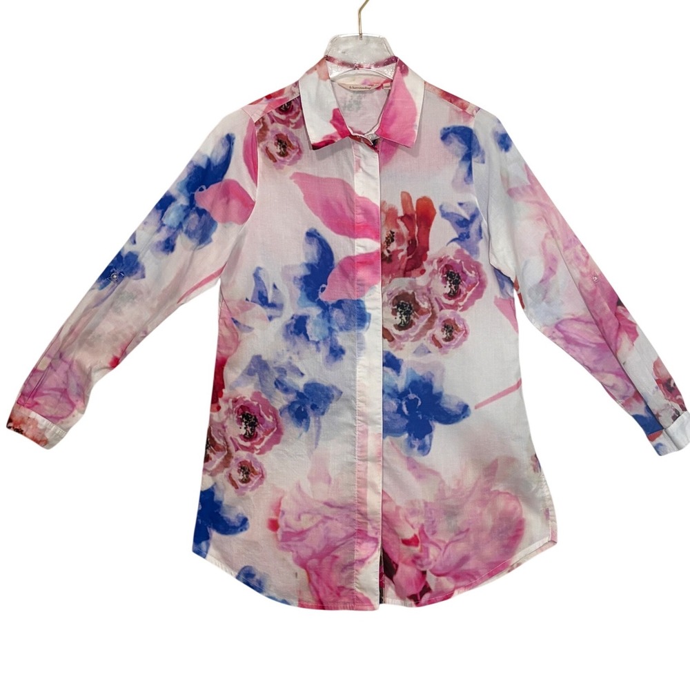 Soft Surroundings Floral Watercolor Tunic Shirt Pink Blue Embroidered Trim XS